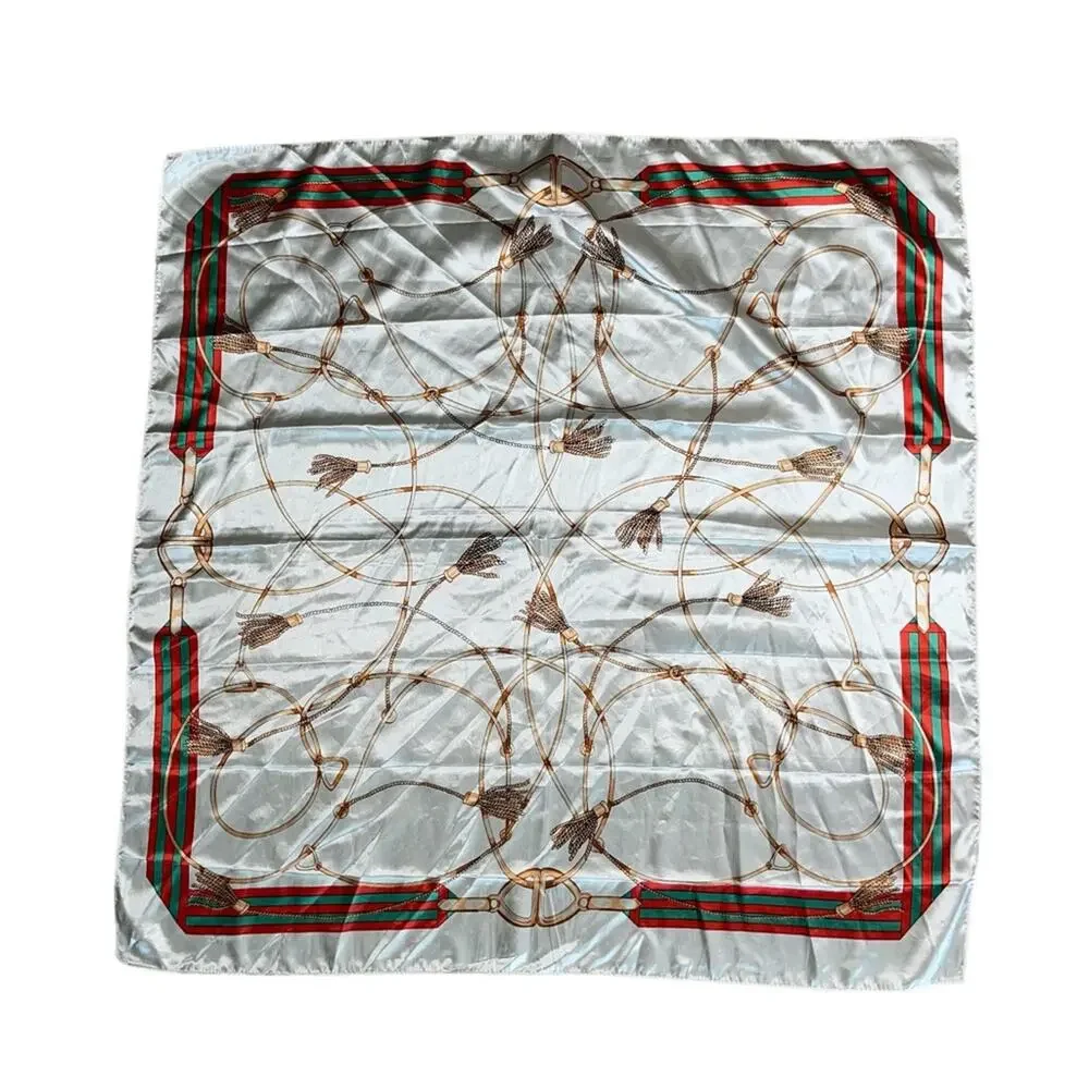 Red Green Cream Gold Tassel Print Scarf Women’s Size 36x36 in